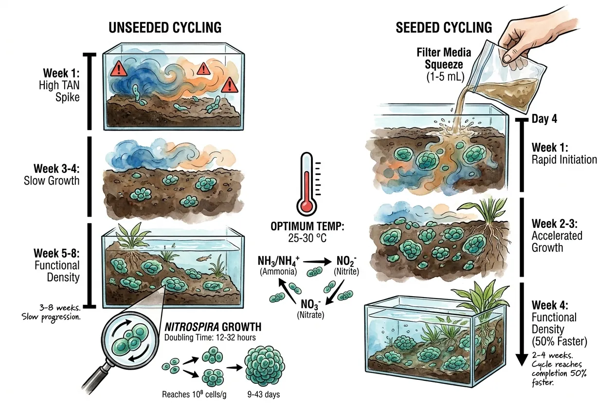 Nitrospira colonization timeline on aquasoil substrate from day 1 to week 4.