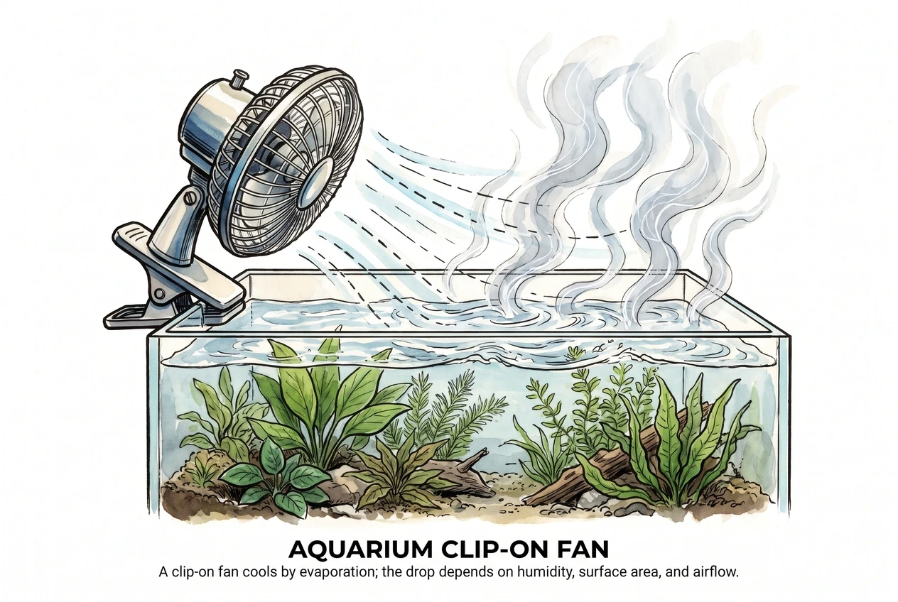 Clip-on aquarium fan blowing across an open tank surface