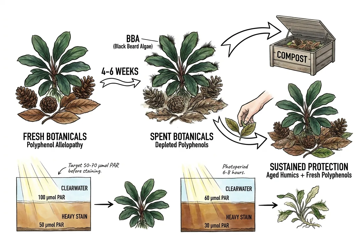 Botanical refresh cycle showing fresh and aged leaf rotation