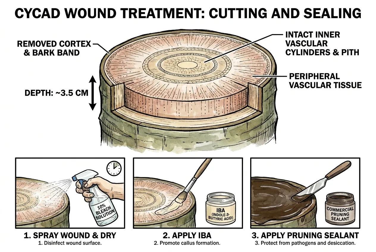 Illustration of a bark band removed from a cycad trunk to expose peripheral tissue