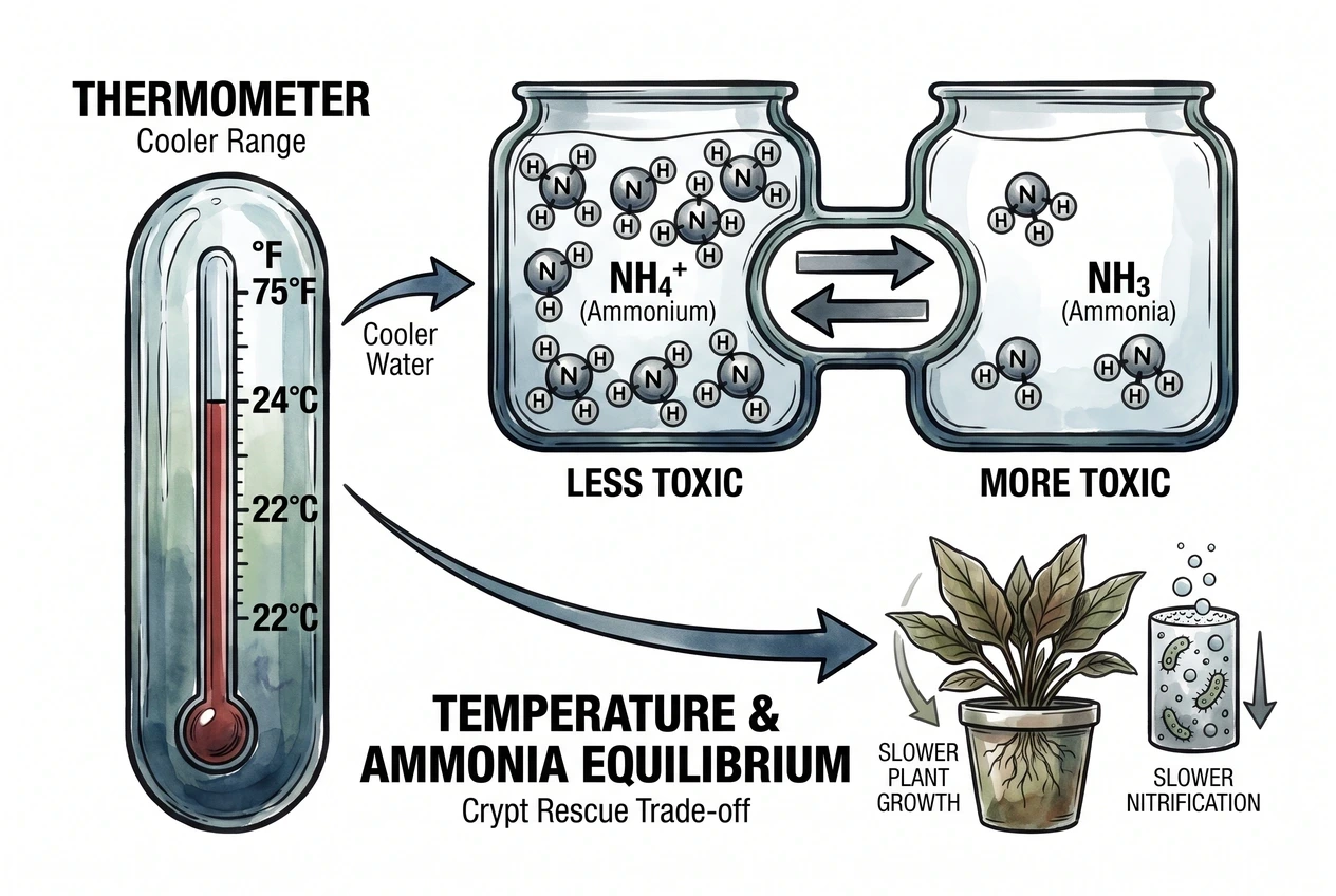 Aquarium thermometer at twenty-two to twenty-four Celsius during crypt rescue