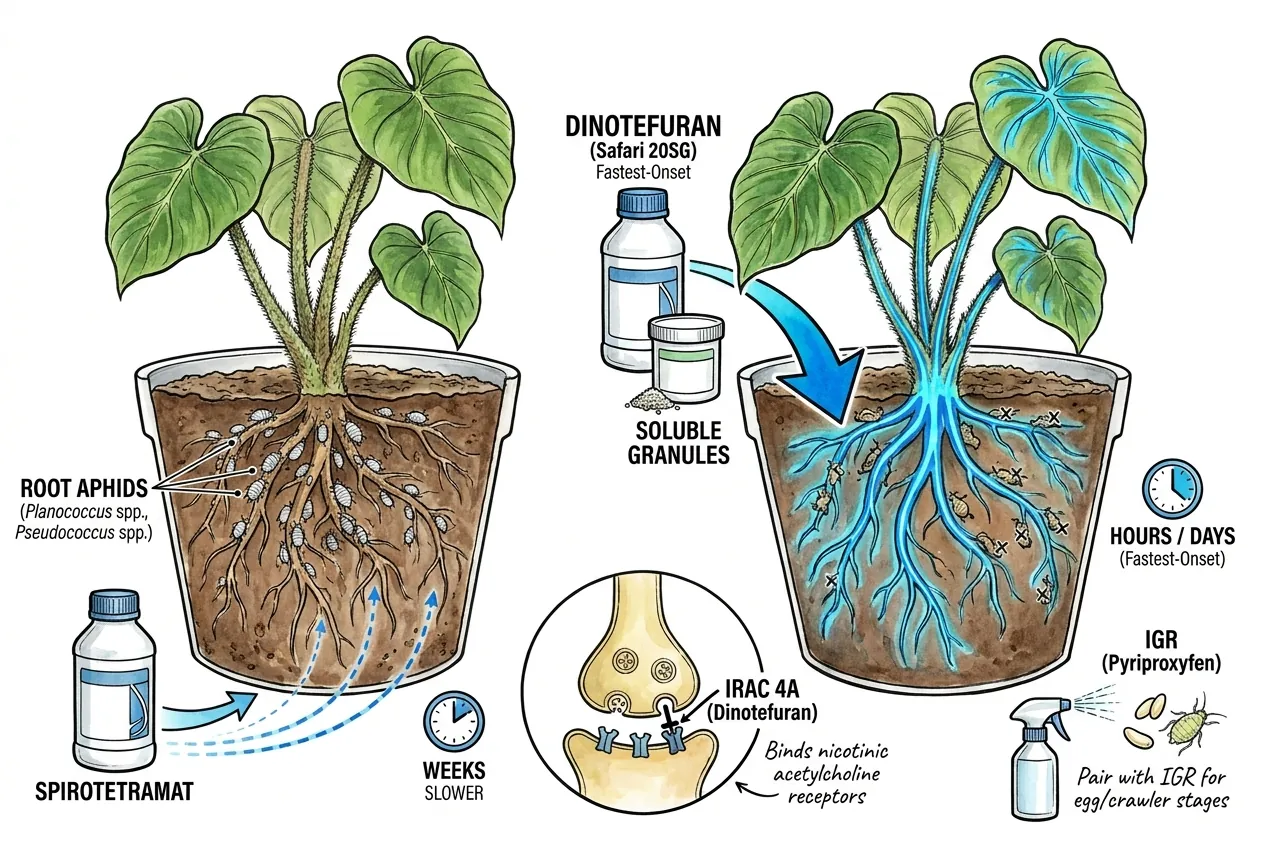 Conceptual illustration of soluble granules dissolving in water for a systemic drench.
