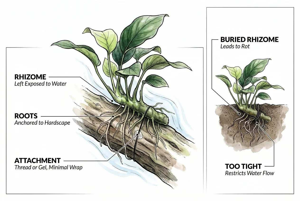 Illustration of an Anubias tied to driftwood with only its roots reaching the substrate