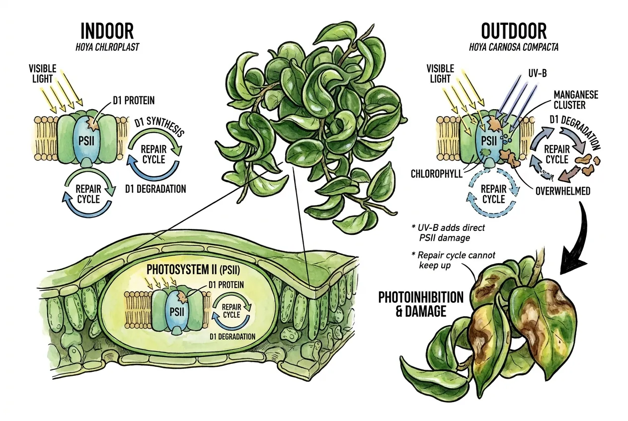 Schematic of UV-B striking photosystem II and degrading the D1 protein
