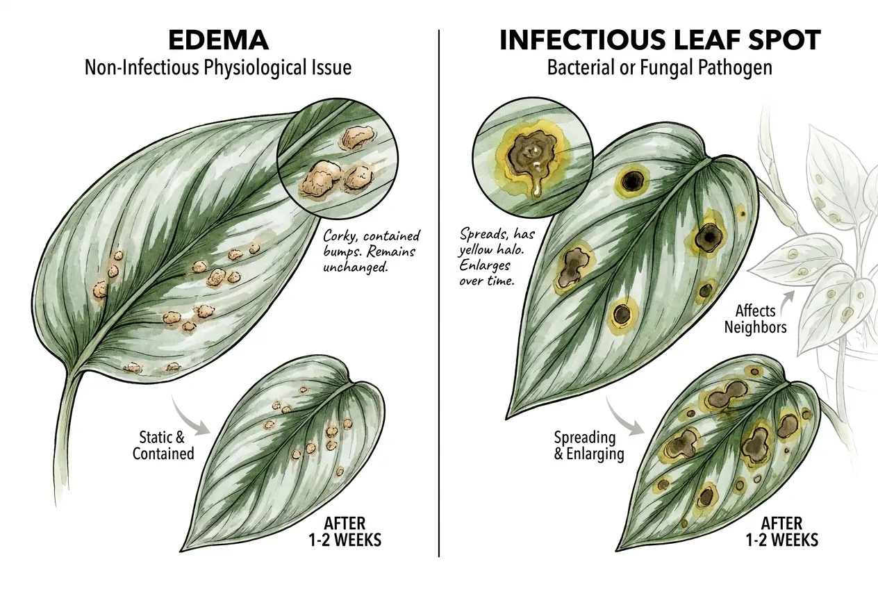 Spreading haloed leaf-spot lesion beside a contained dry edema bump