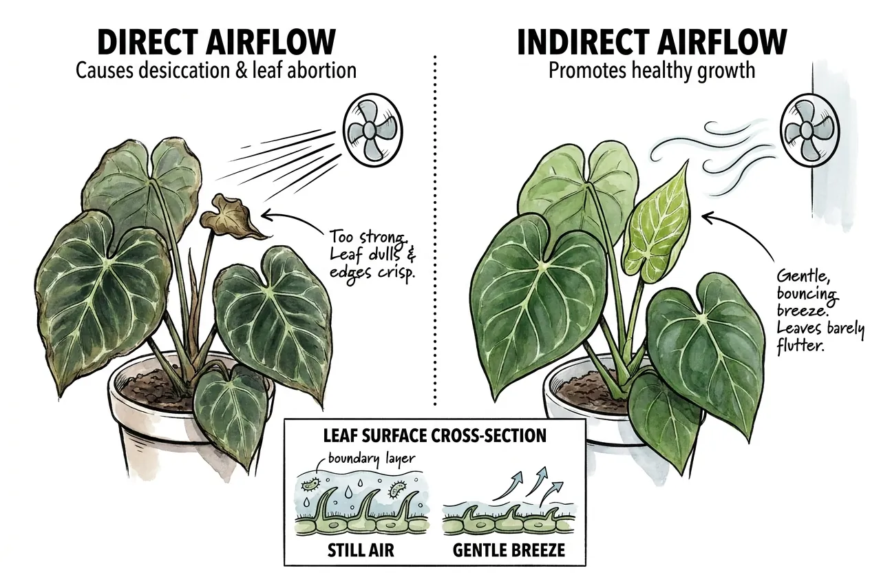 Illustration comparing a direct fan jet with gentle indirect airflow grazing velvet clarinervium leaves; educational diagram
