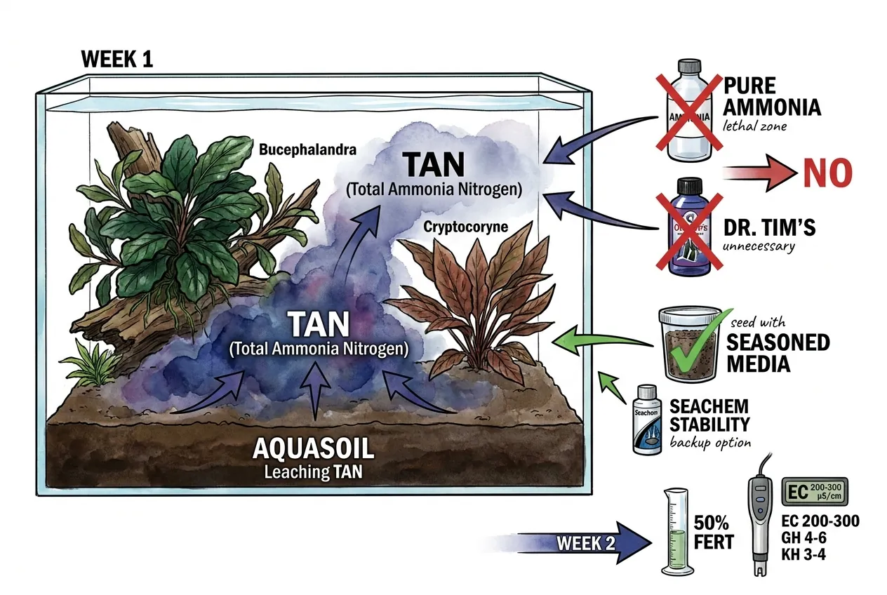Crossed-out pure ammonia bottle next to aquasoil bag showing redundant TAN source.