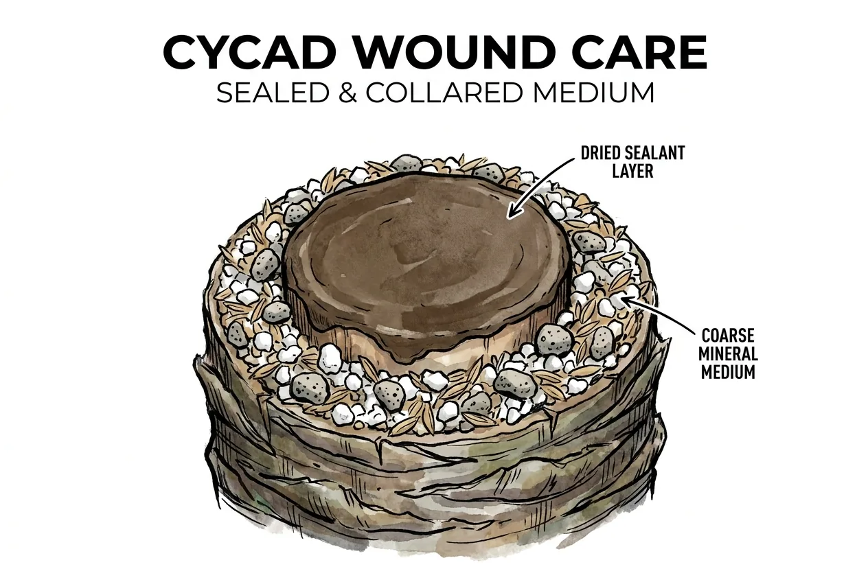Illustration of moisture-holding medium packed around a wound on a cycad trunk