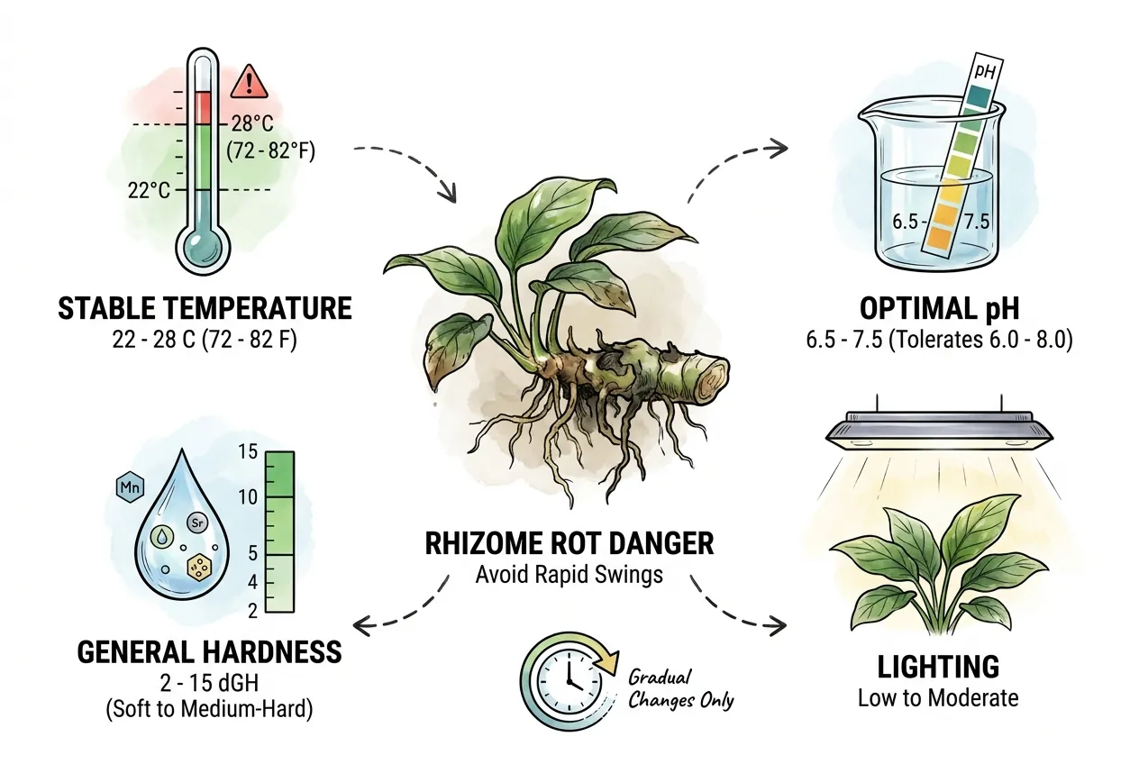 Illustration of Anubias barteri target gauges for temperature, pH, and hardness