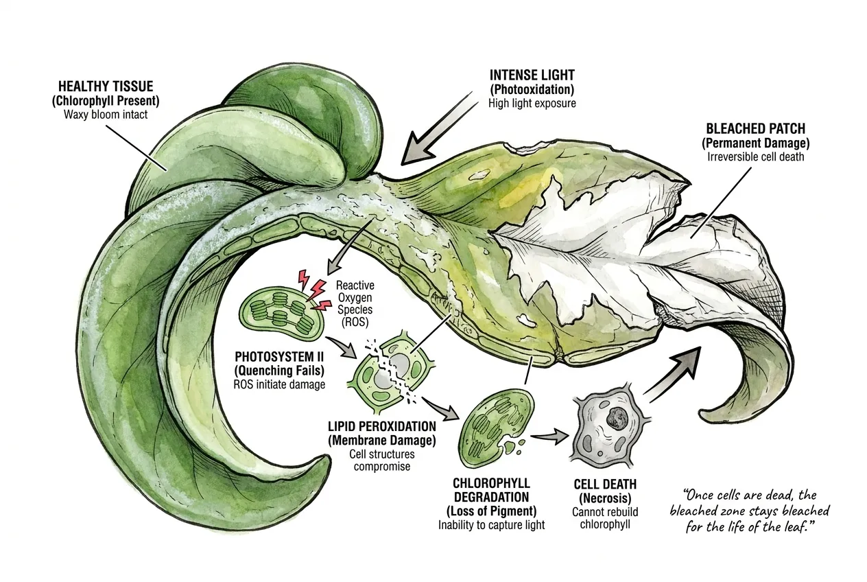 Illustration of dead bleached leaf cells beside living green chlorophyll-filled cells