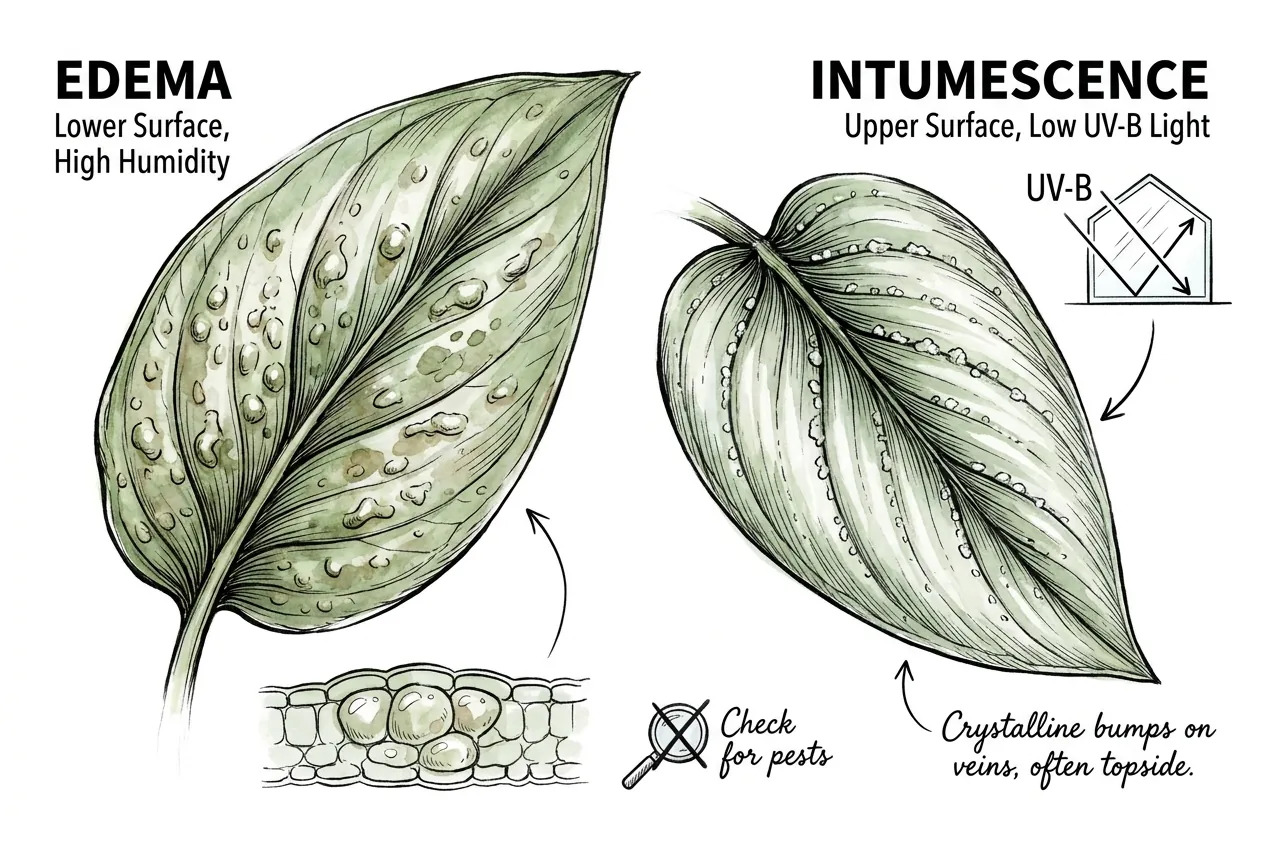 Crystalline salt-like intumescence bumps along upper leaf veins
