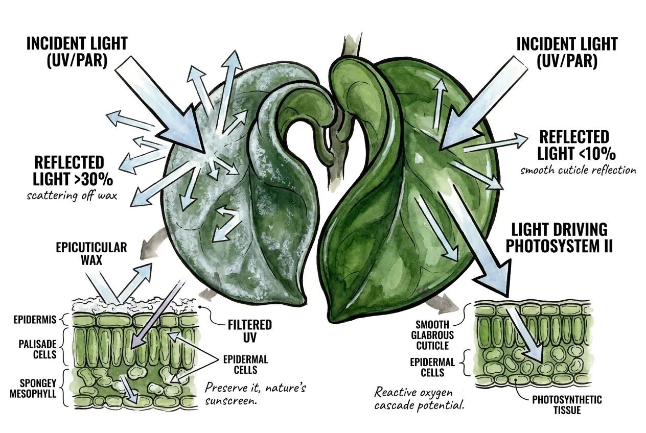 Illustration of a glaucous waxy leaf reflecting light versus a smooth leaf absorbing it