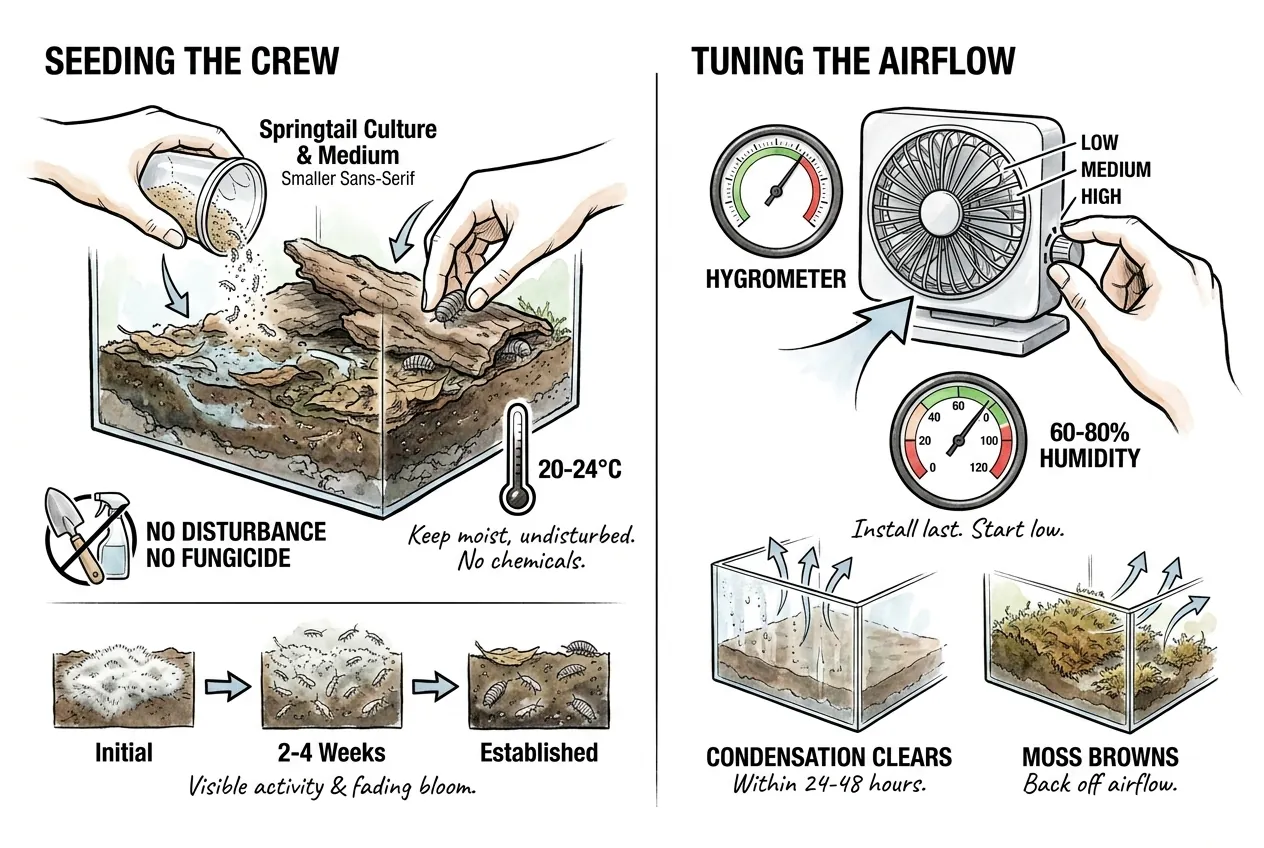 Diagram of seeding a springtail culture onto substrate, then adjusting a fan while watching a gauge