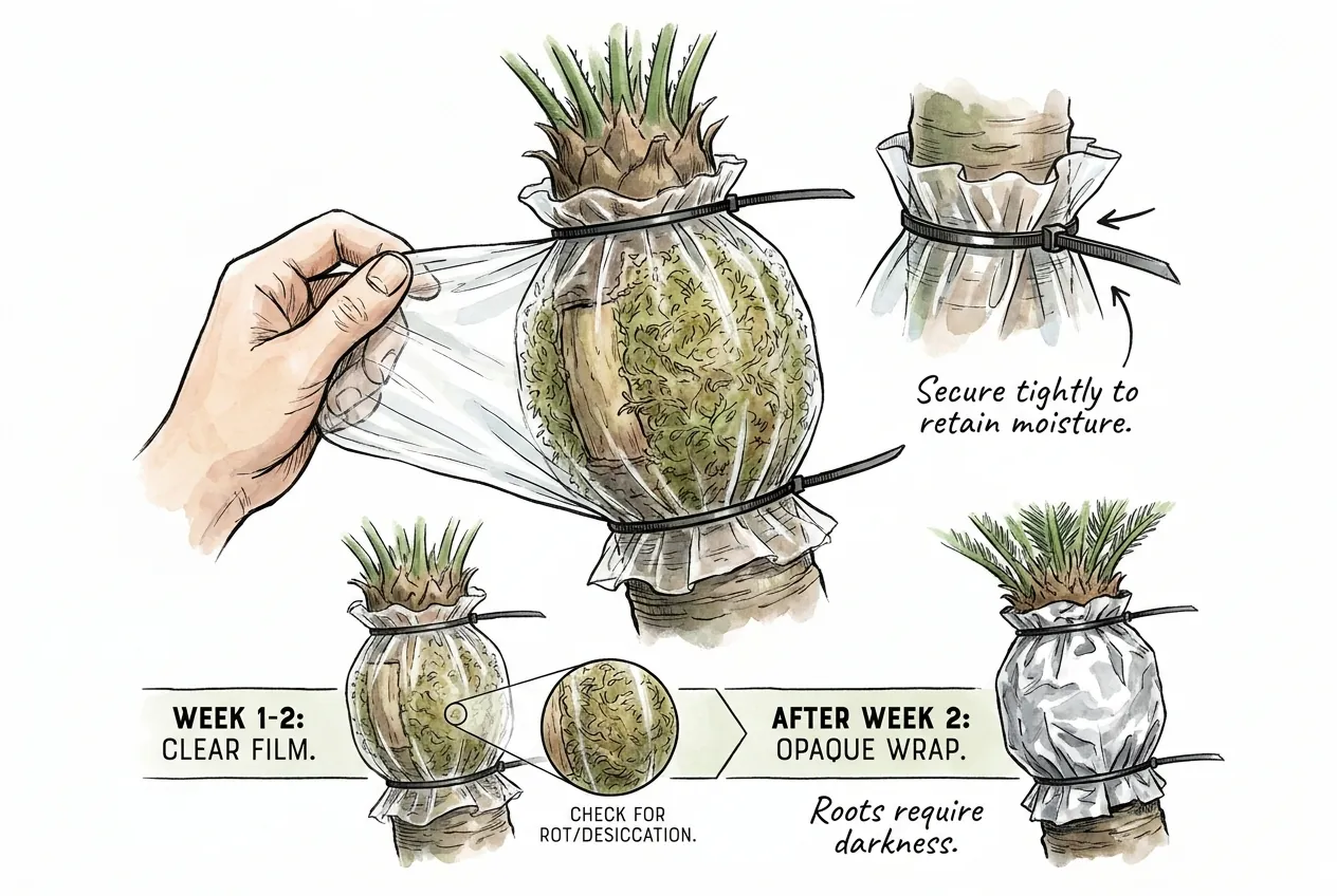 Illustration of plastic film wrapped and tied around a cycad air layer