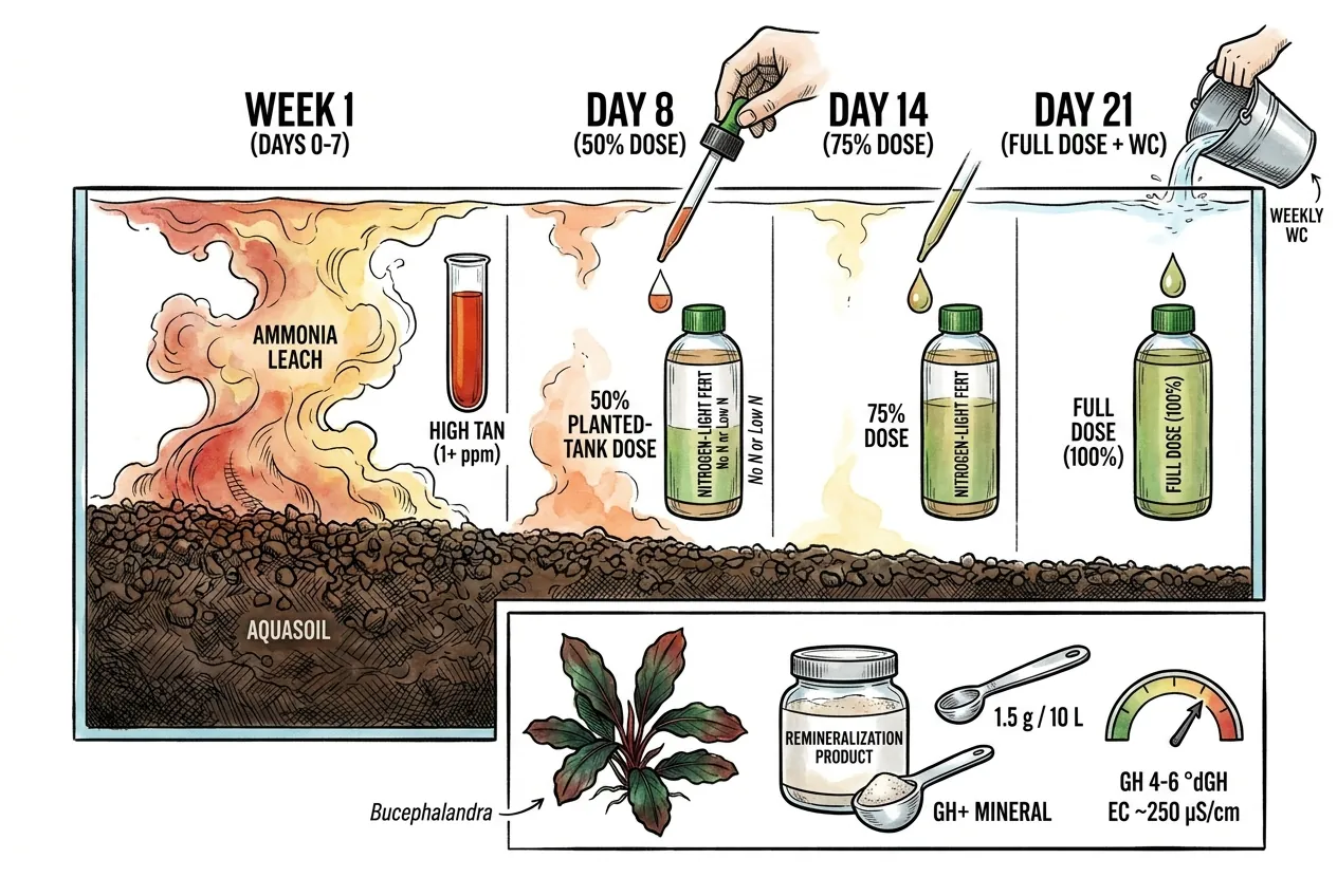 Tropica Specialised liquid fertilizer dosing ramp from day 8 to week 3.