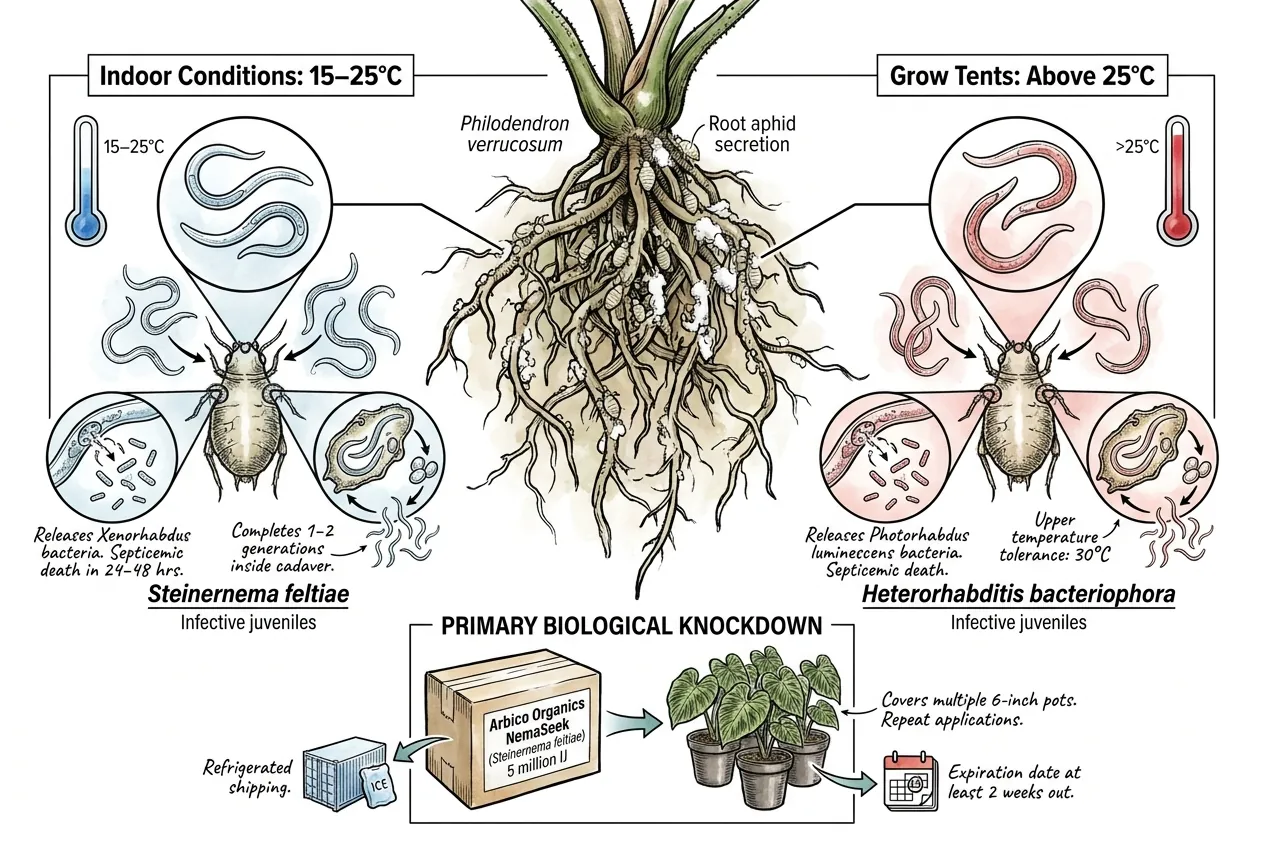 Conceptual illustration of entomopathogenic nematodes seeking a soil-dwelling host.
