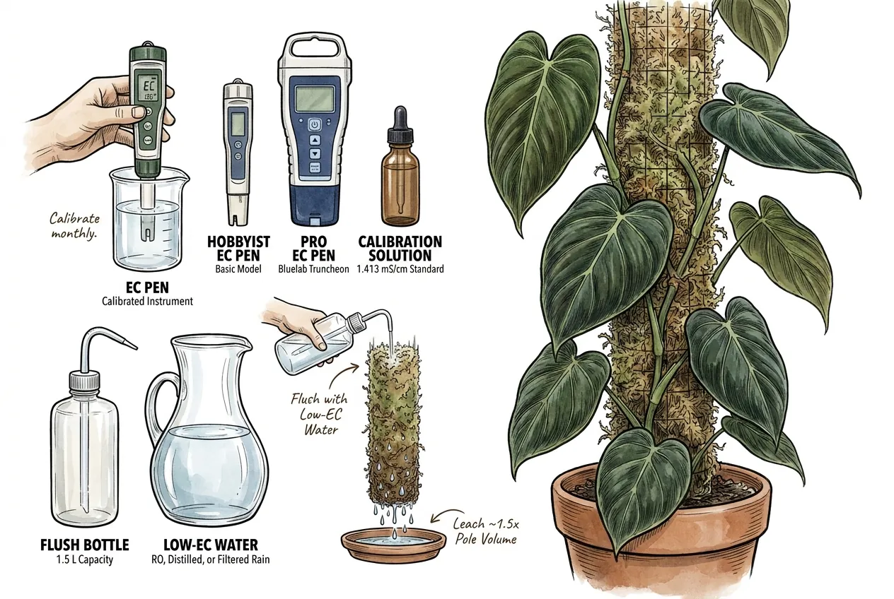 An EC meter, its calibration or check solution, and a flush bottle laid out as a starter kit