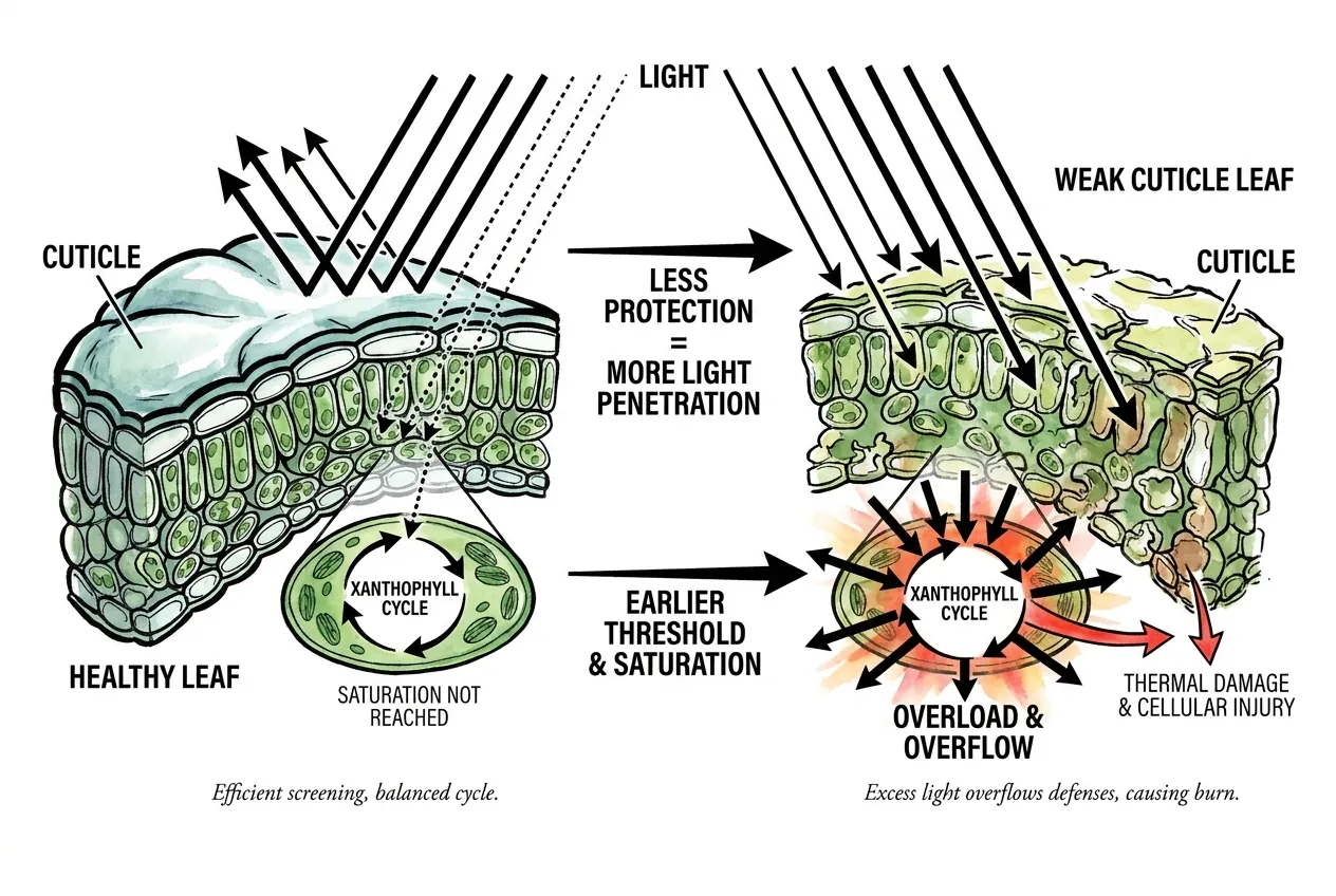 Illustration of a thin cuticle letting excess light reach chloroplasts inside