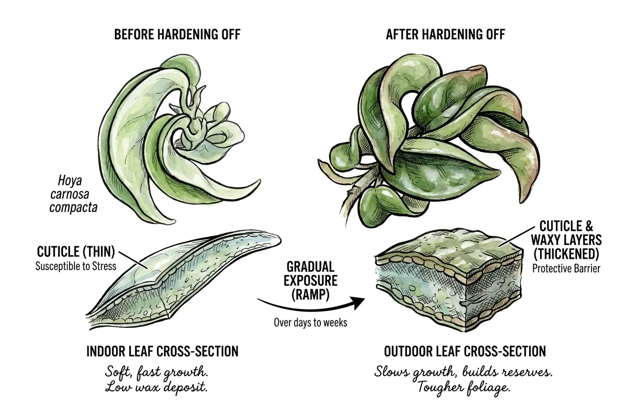 Illustration of leaf cuticle thickening across stages of gradual sun exposure