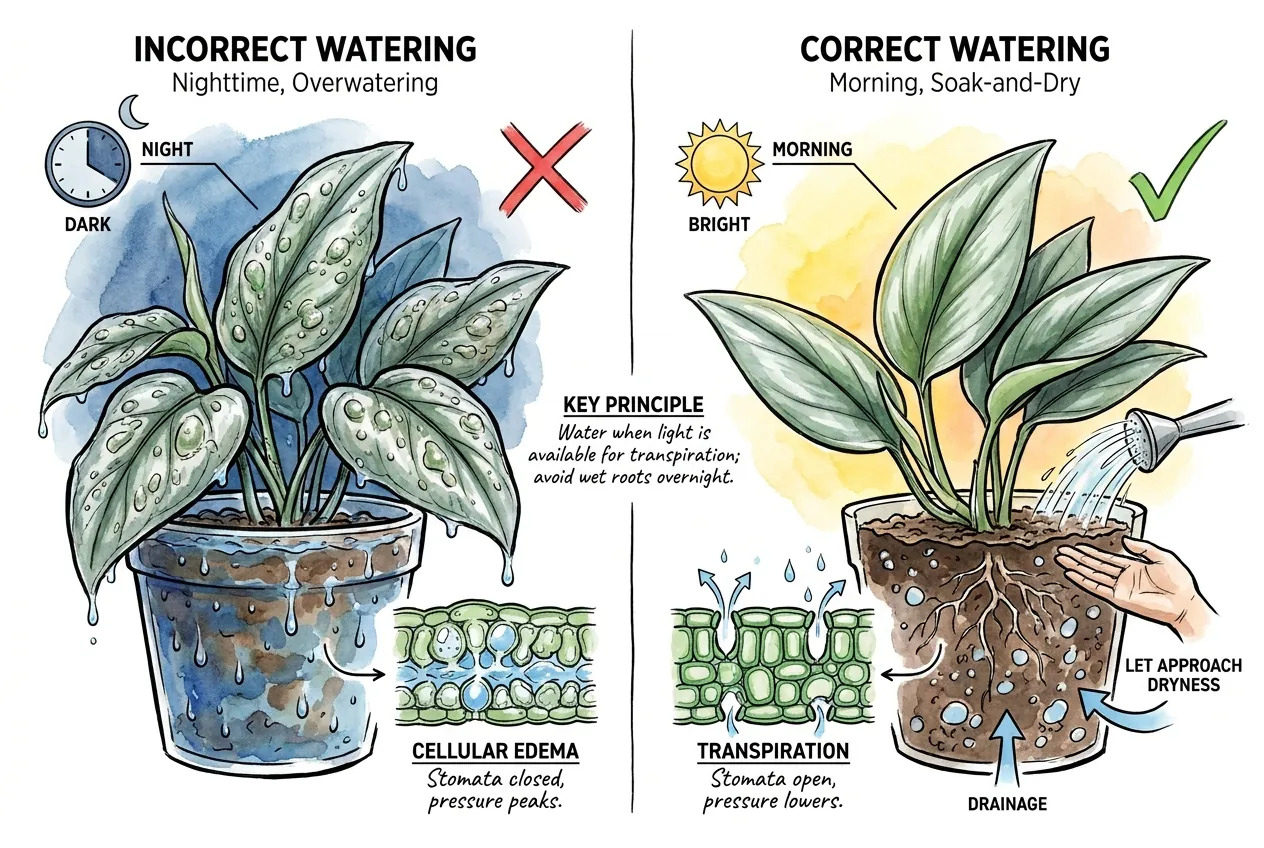 Morning watering of an aroid with soil draining before nightfall
