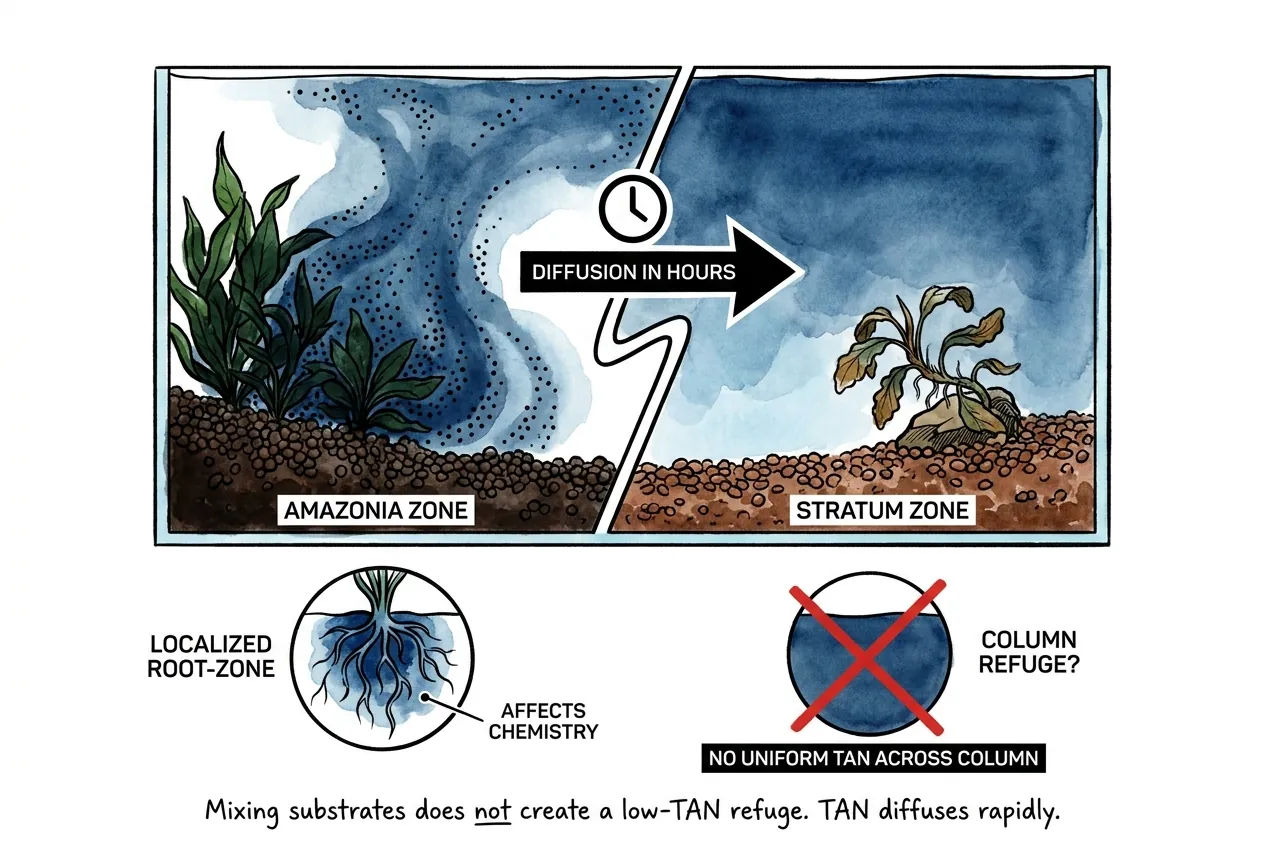 Diagram showing ammonia mixing across the water column so a low-ammonia substrate zone does not create an open-water refuge.