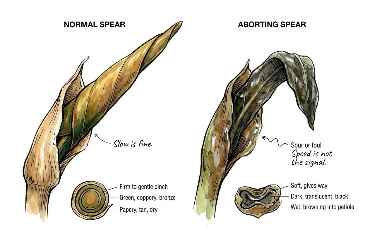 Illustration of a firm tightly-rolled coppery clarinervium spear darkening to deep green over weeks; educational diagram