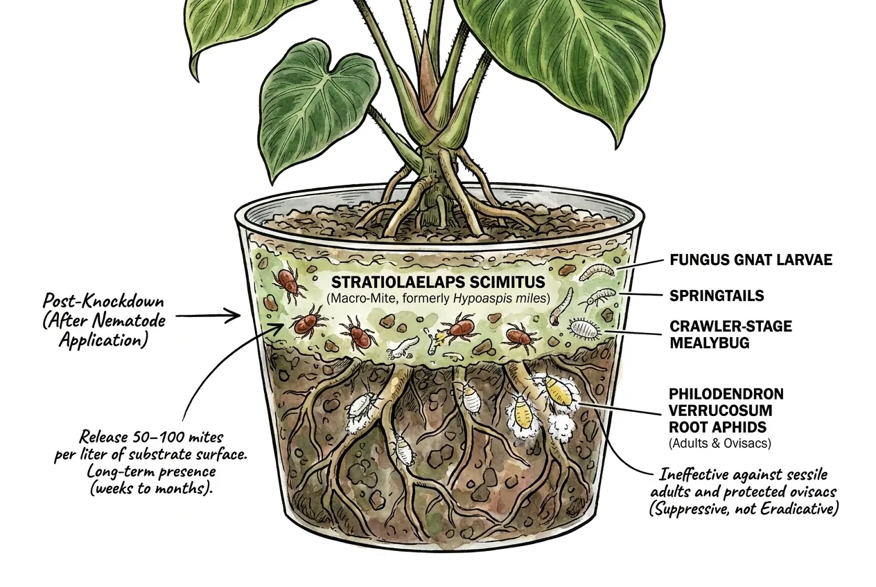 Conceptual illustration of a predatory soil mite hunting small soft-bodied prey in the upper substrate.