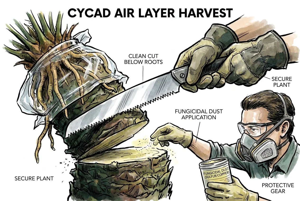 Illustration of cutting a cycad trunk below the rooted zone to separate the layer