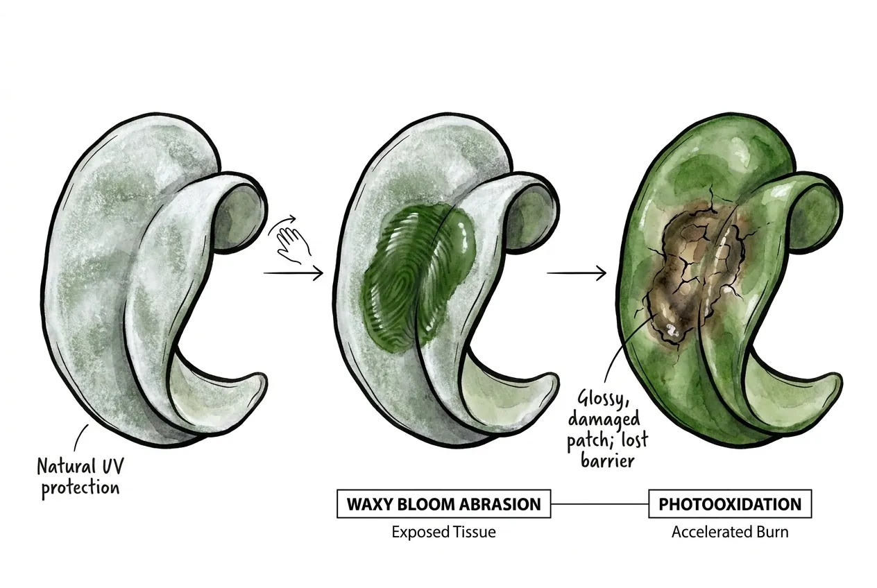 Illustration of a glossy patch wiped clear on a matte waxy leaf