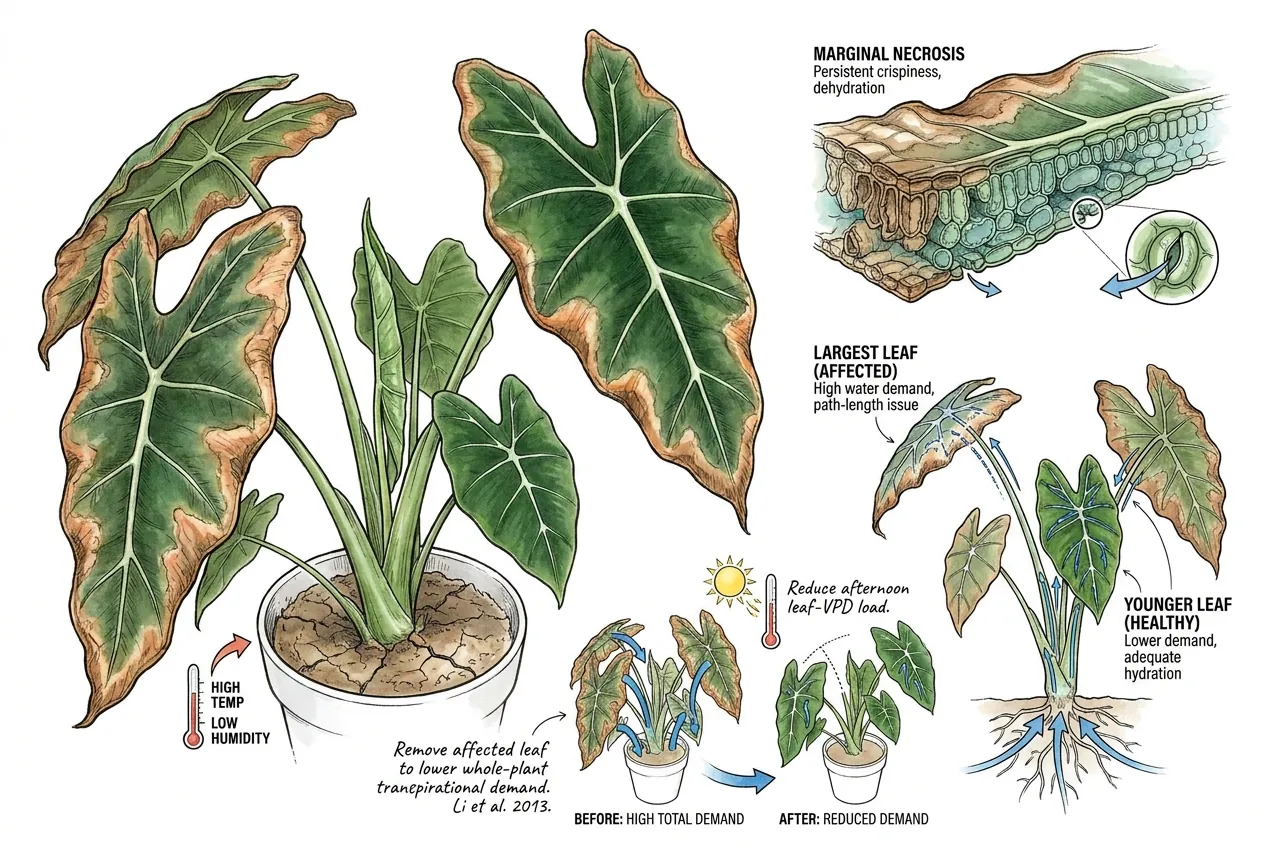 The largest, oldest Frydek leaf with crispy edges while younger leaves stay clean