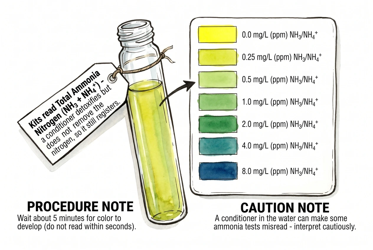 Ammonia test vial and color chart illustrating that a kit measures total ammonia even when a conditioner has been dosed.