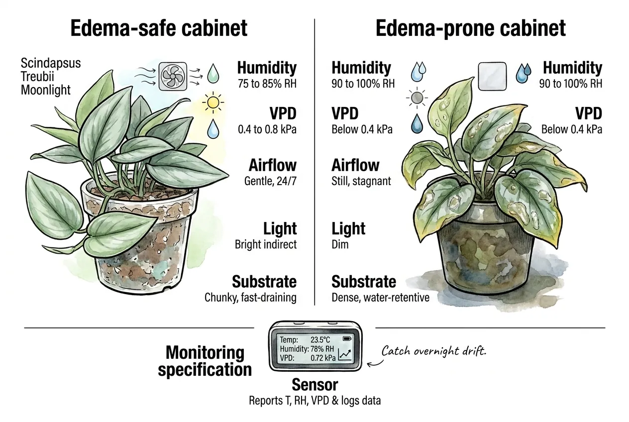 Cabinet dials set to safe humidity, temperature, airflow, and light