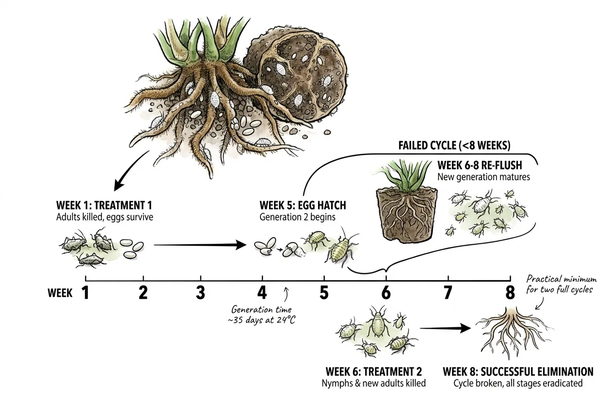 Conceptual illustration of overlapping pest generations spanning a multi-month treatment window.