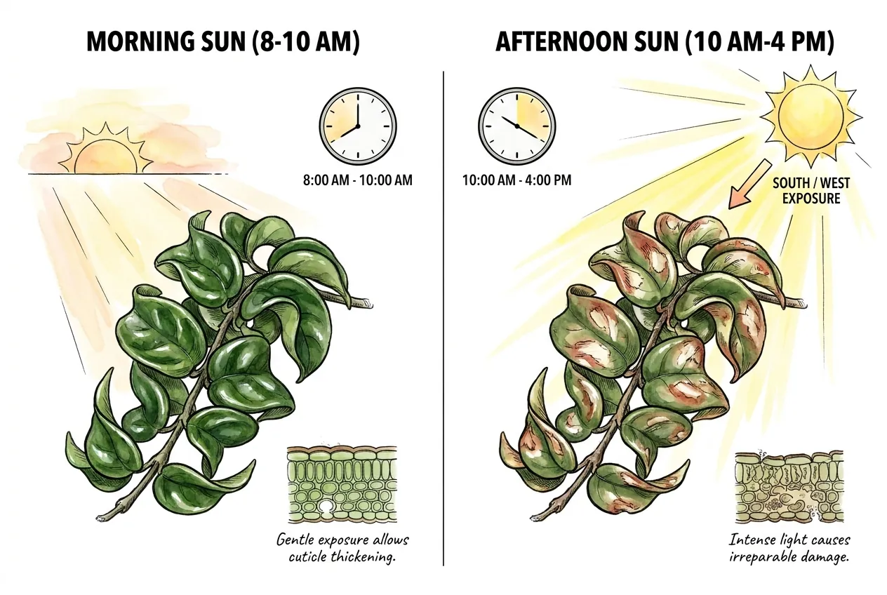 Illustration of gentle morning sun versus intense midday sun on a plant