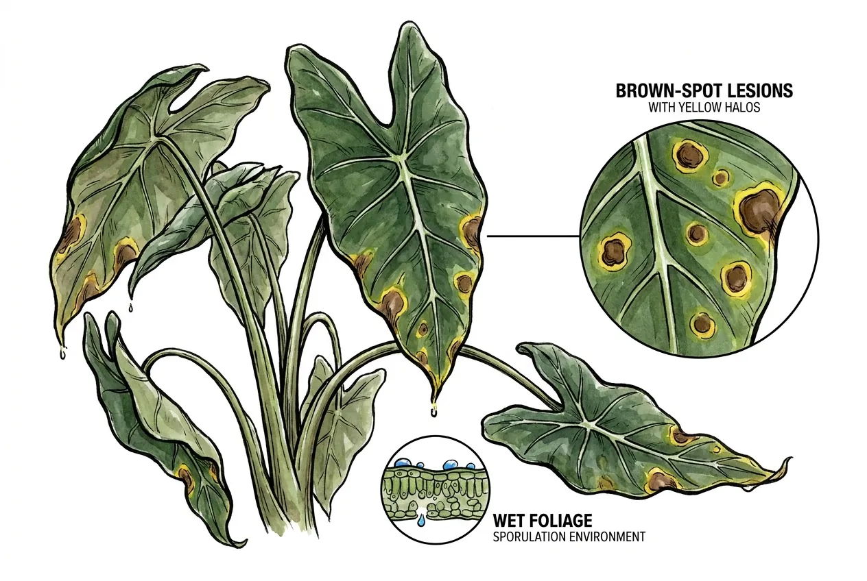 Brown necrotic spots with yellow halos on a leaf