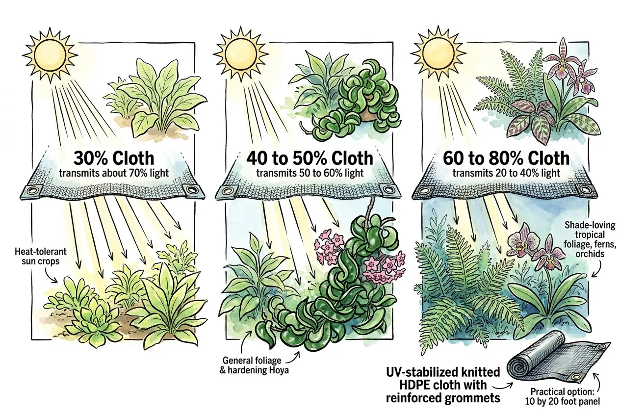 Illustration of shade cloth densities filtering different amounts of sunlight