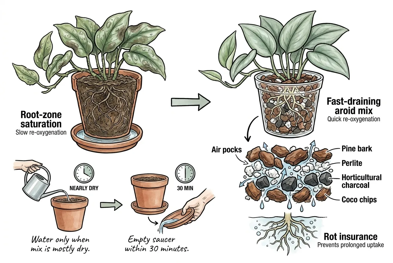 Chunky bark and perlite aroid mix draining water from the root zone