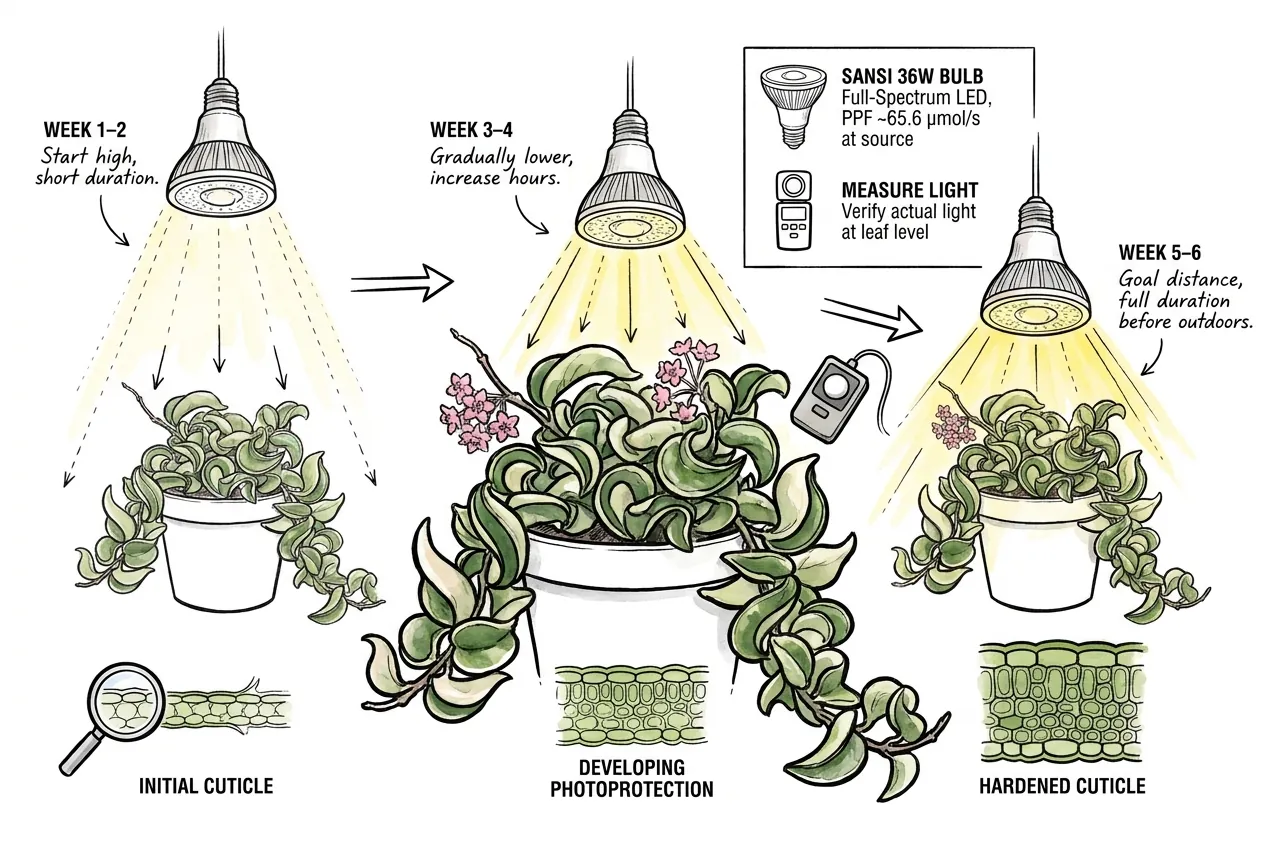 Illustration of a Hoya under a full-spectrum grow bulb raised over several weeks