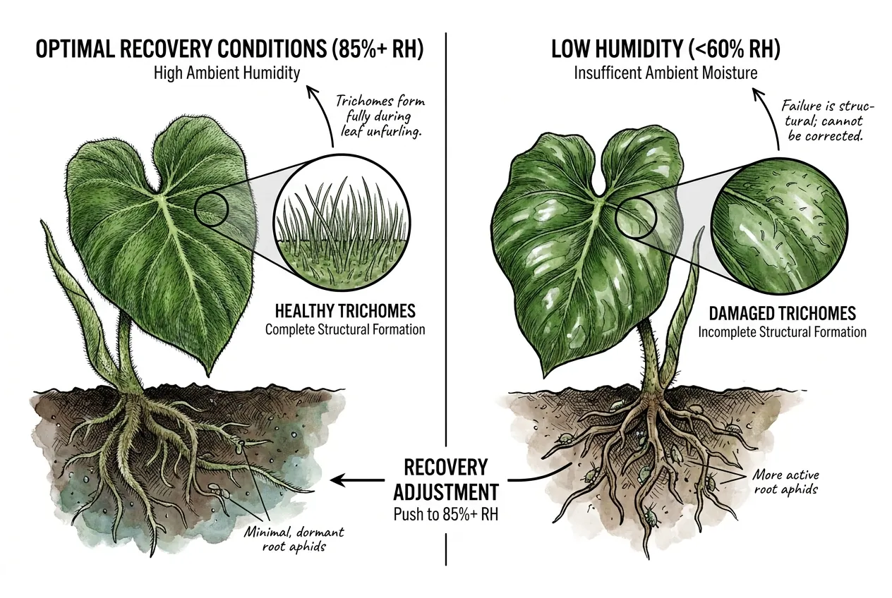 Conceptual illustration of a humid, forest-like microclimate around a velvet Philodendron.