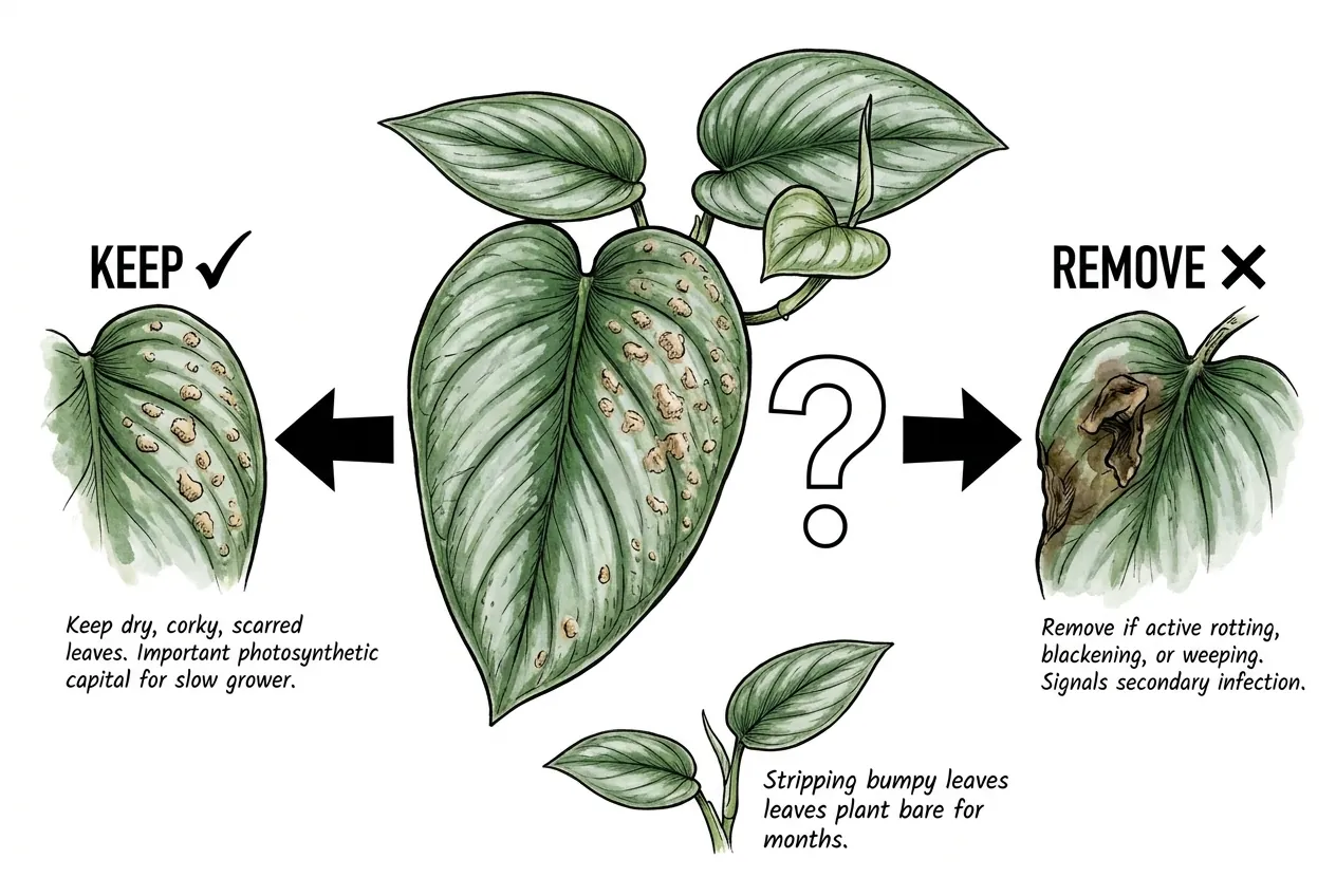 Pruning shears removing only a rotting leaf, keeping scarred green ones