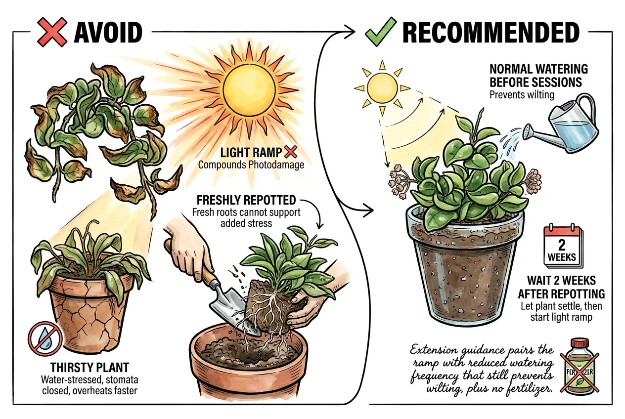 Illustration of a thirsty plant and a freshly repotted plant marked as not ready