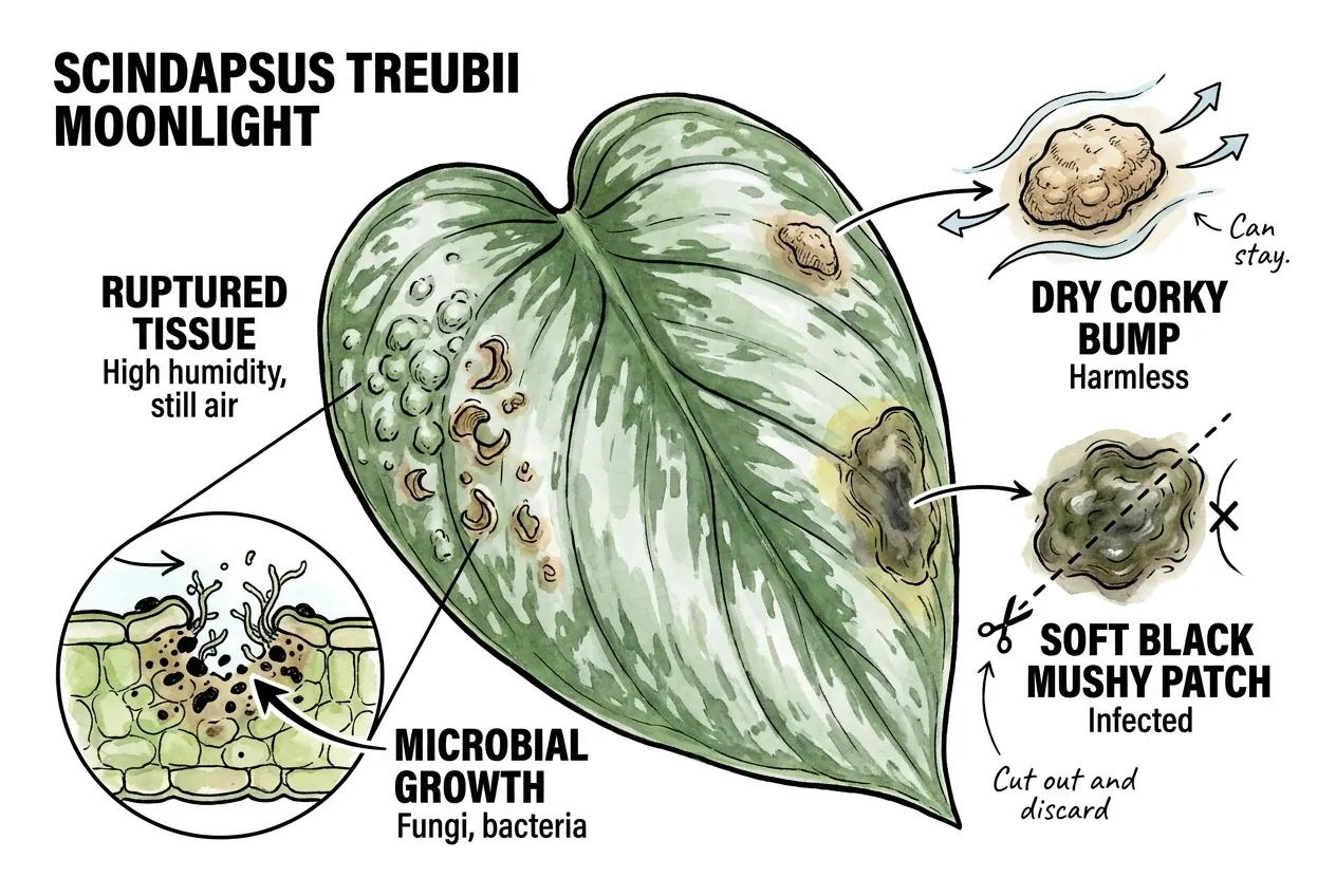 Ruptured leaf wound softening to black secondary rot in humid air