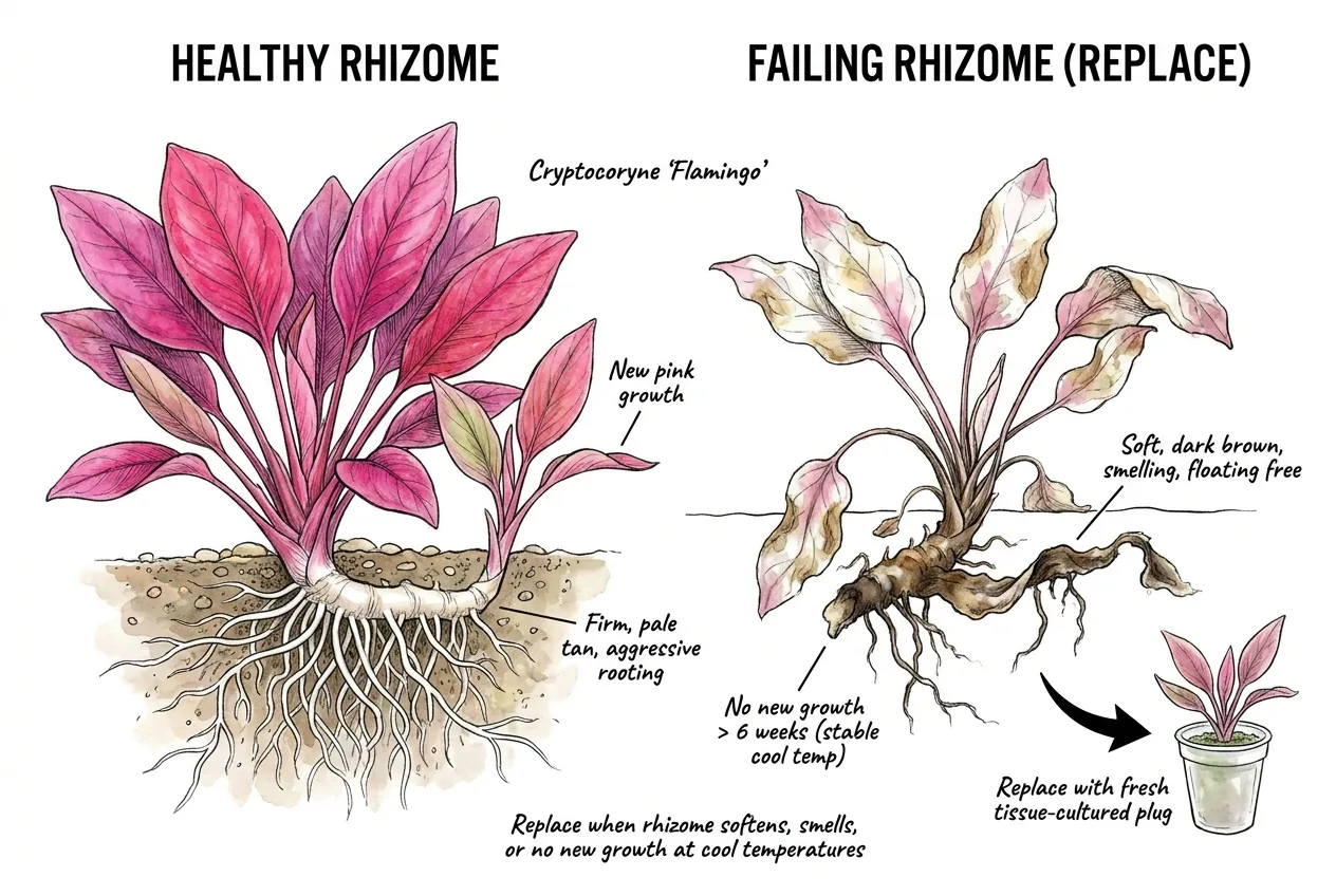 Healthy firm Cryptocoryne rhizome compared to a soft browning failed rhizome