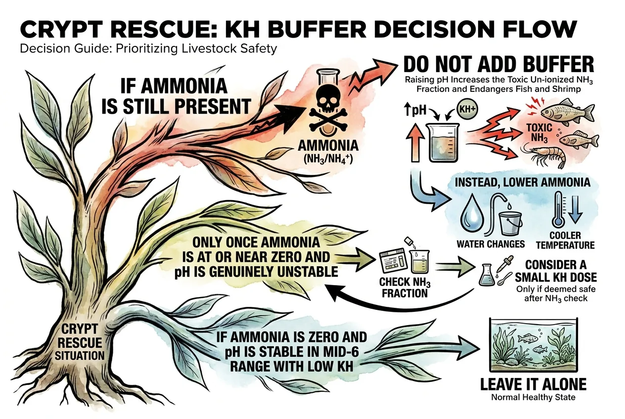 Decision flow chart for dosing KH buffer based on pH and ammonia readings