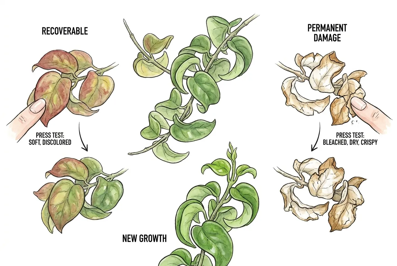 Illustration of a soft reddened leaf recovering beside a permanently bleached leaf