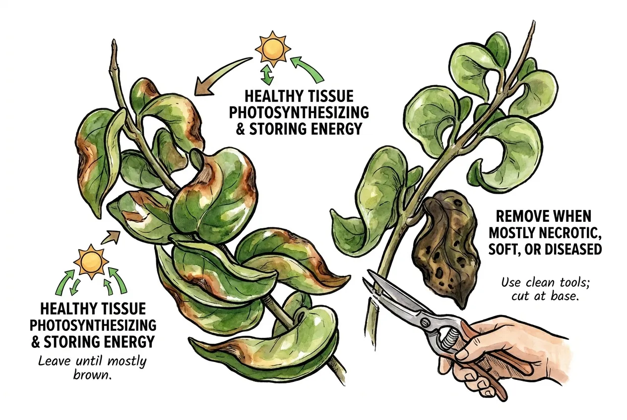Illustration of a partly burned leaf with a green base kept on the plant