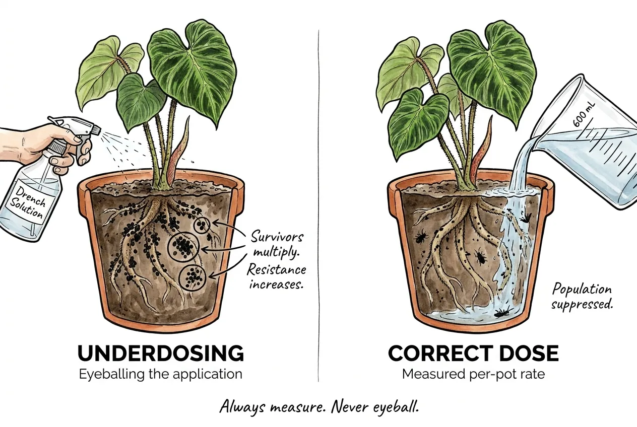 Conceptual illustration of measuring a per-pot drench dose next to a pot.