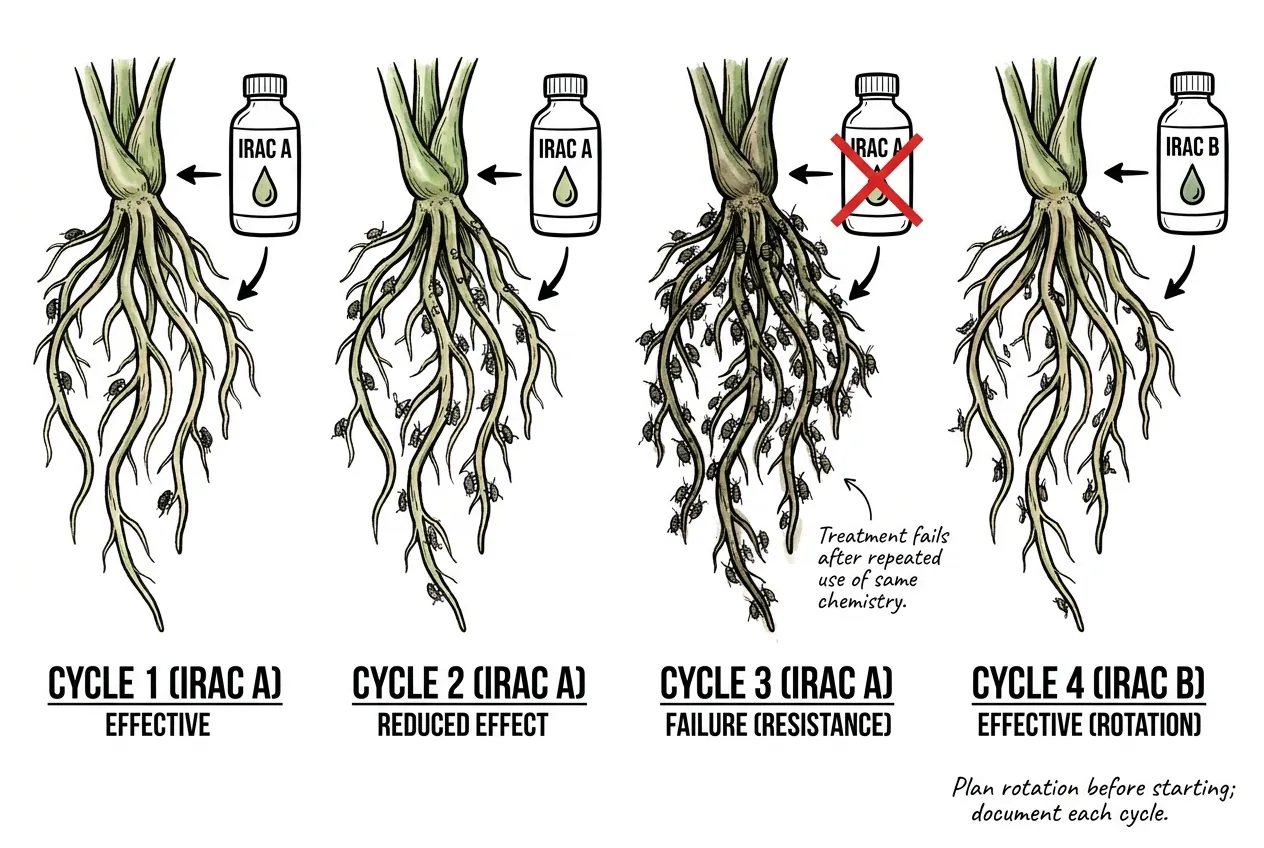 IRAC class rotation chart with arrows between spirotetramat, dinotefuran, and pyriproxyfen.