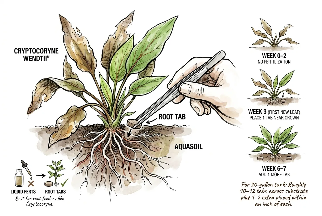 Root tab inserted near crypt crown with half-dose liquid fertilizer dropper