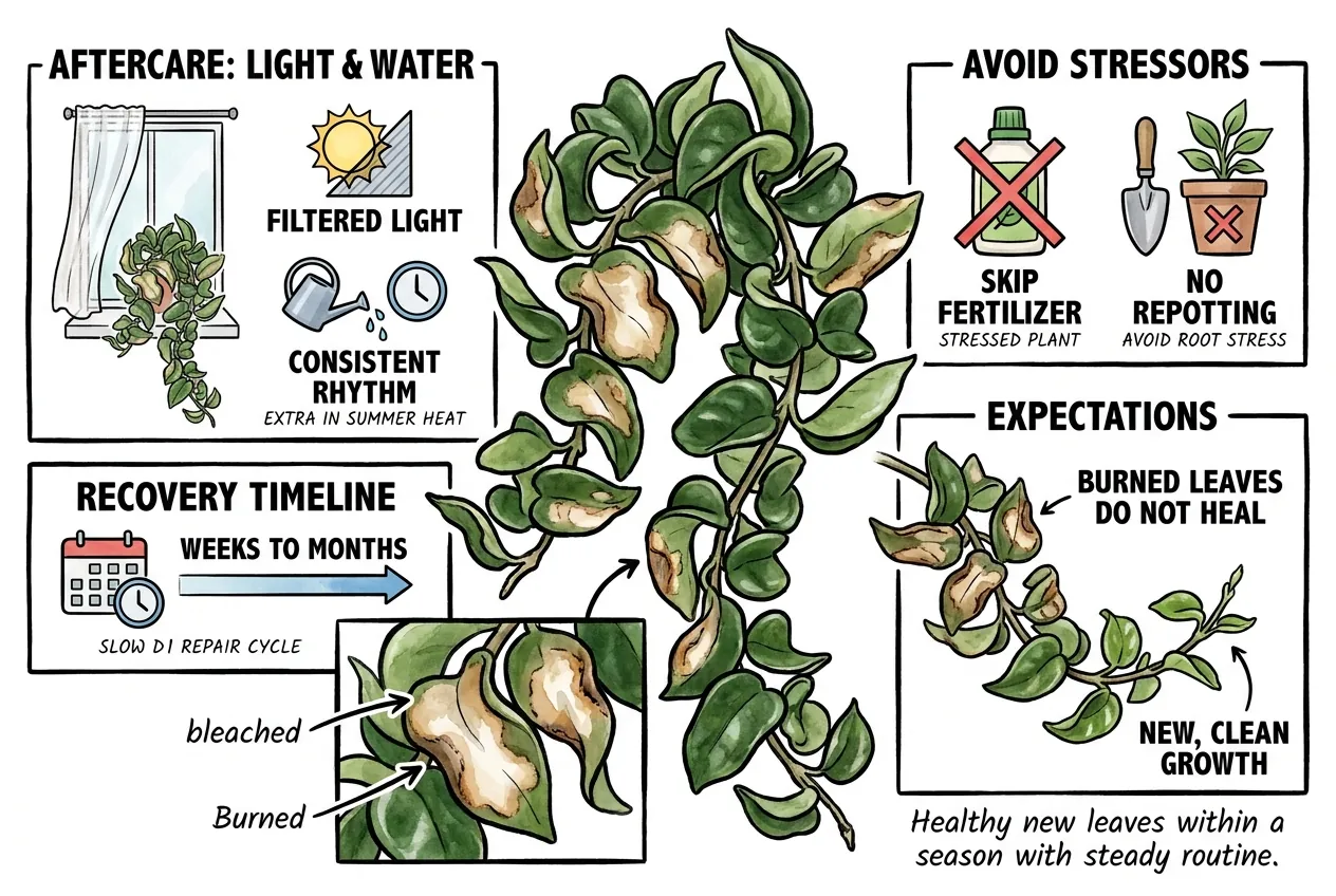 Illustration of a recovering Hoya in bright indirect light pushing fresh new growth